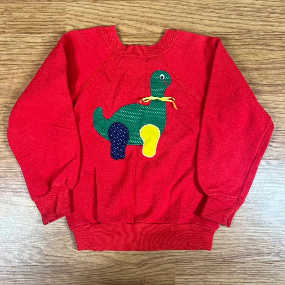 Vintage Pannill Red Dinosaur Applique Sweatshirt Kids Size L 6X-7 Made in USA